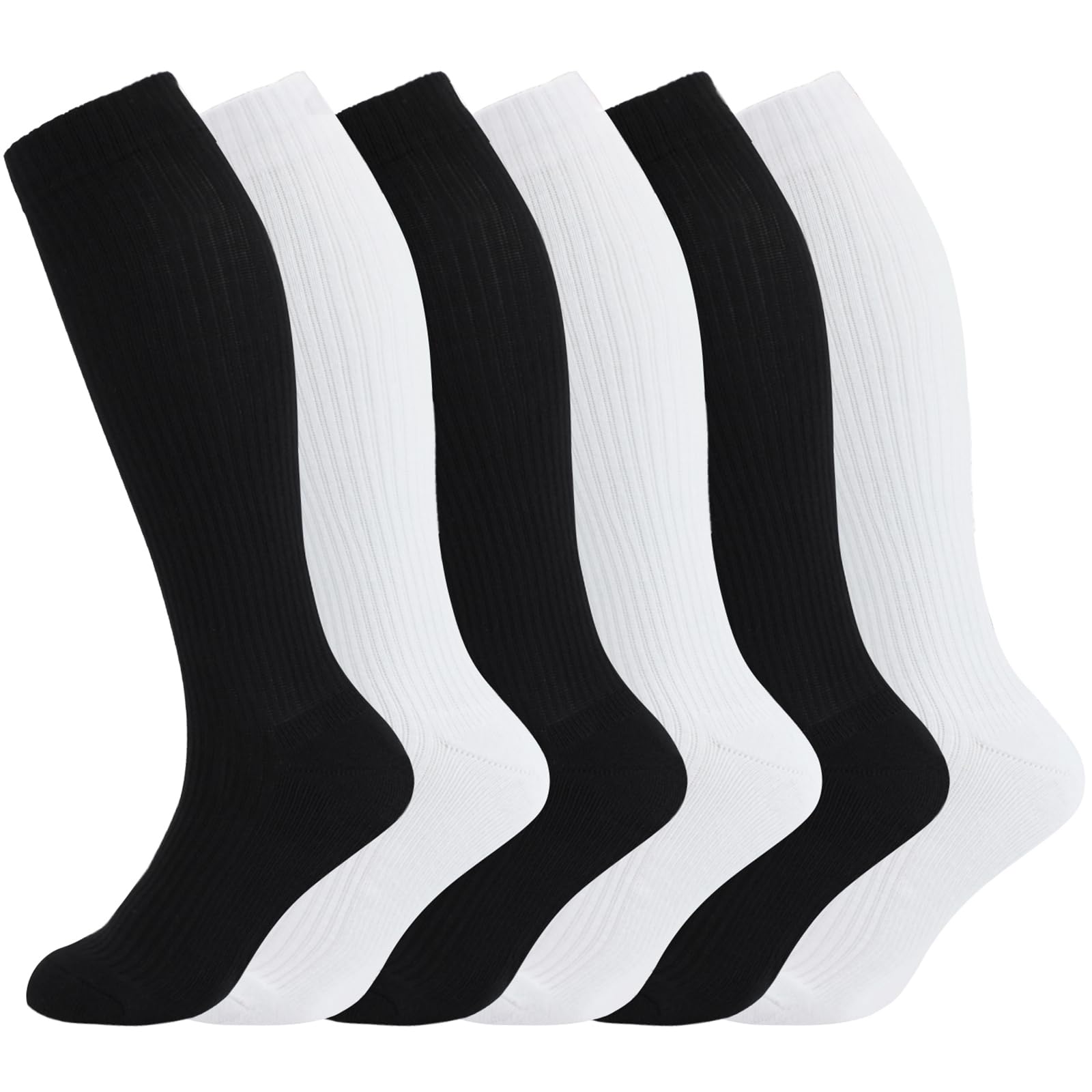 +MD 6 Pairs Compression Socks (15-20mmHg) for Women & Men - Cushion Knee High Socks for Running,Medical,Athletic,Nurses,Travels,Edema,Anti-DVT,Varicose Veins, Shin Splints 3Blk3Wht 9-11
