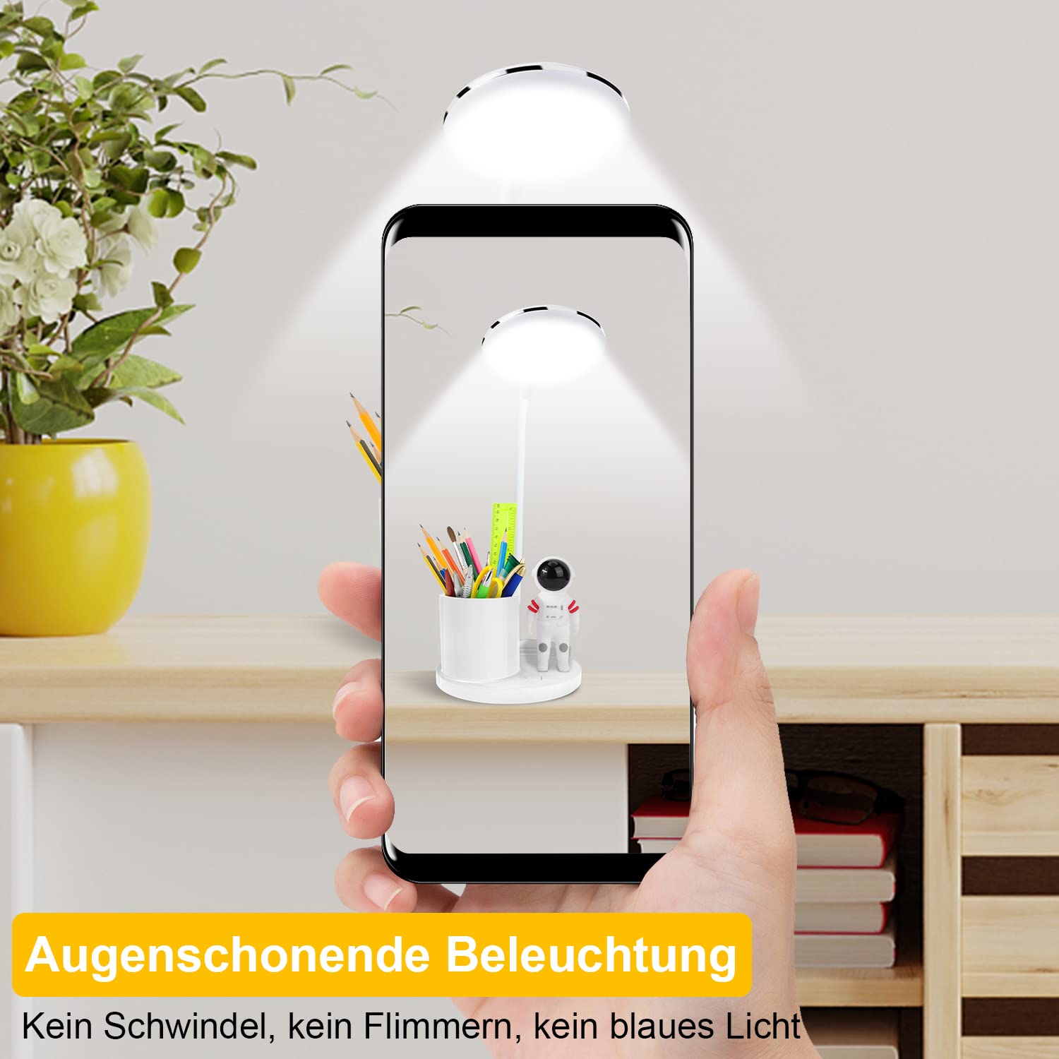 Schreibtischlampe Kinder, Schreibtisch lampe Dimmbare LED Tischlampe mit Stifthalter und Projektion, USB C Anschluss Nachttischlampe kinder, 360° Verstellbar Schwanenhals Leselicht