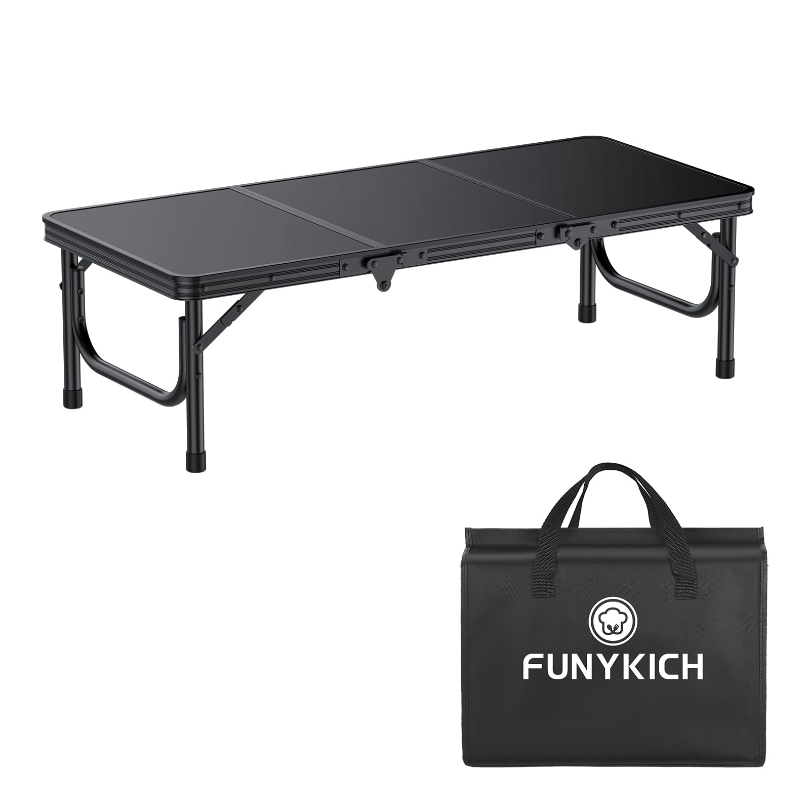 FUNYKICH Niski składany stół piknikowy o długości 0,9 m (87 x 40 x 26 cm), grubszy aluminiowy stół plażowy z uchwytem i torbą do przenoszenia, lekki, mały stół kempingowy na piknik, plażę, kemping