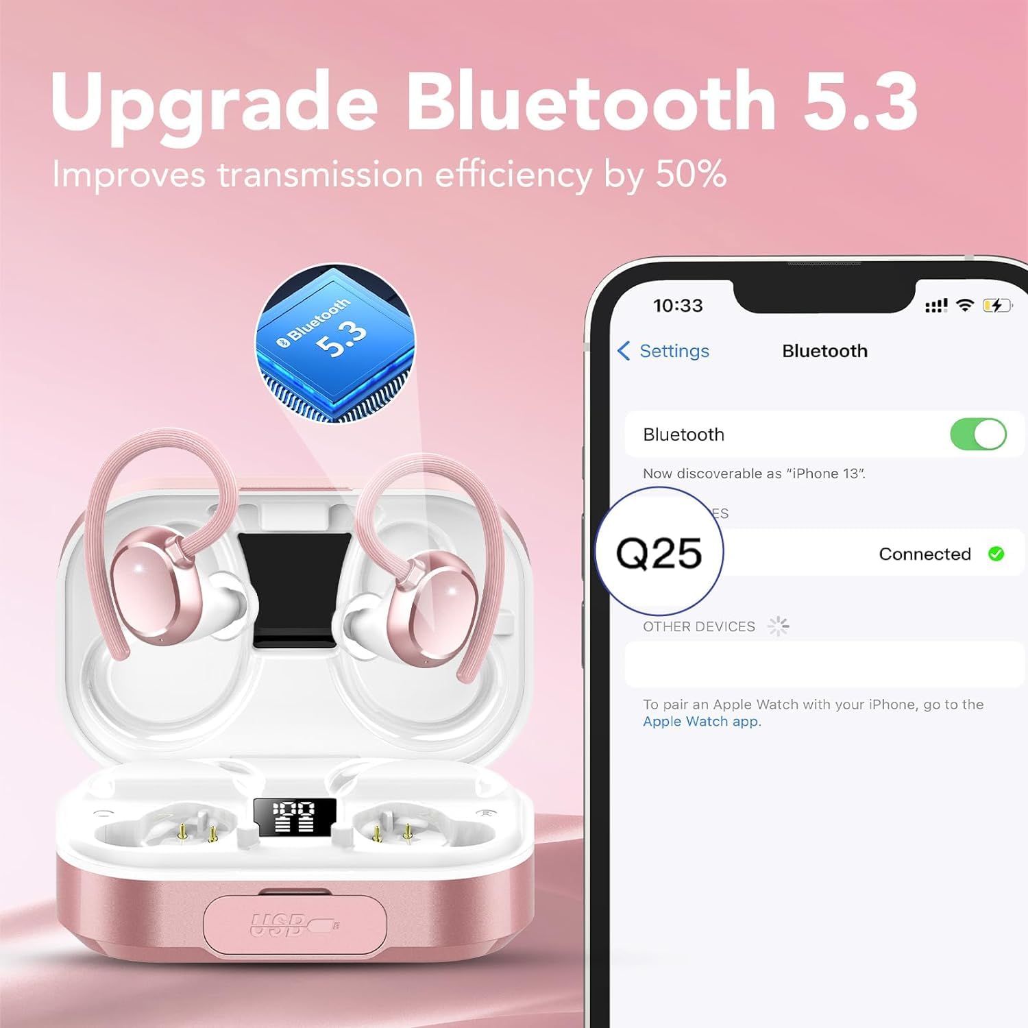Ecouteurs Bluetooth sans Fil Sport, 120H Bluetooth 5.3 avec HiFi Stéréo, Écouteurs sans Fil Bruit 4 HD Mic CVC 8.0 Antibruit, Écran LED, Contrôle Tactile IP7 Étanche USB-C Casque Running iOS/Android