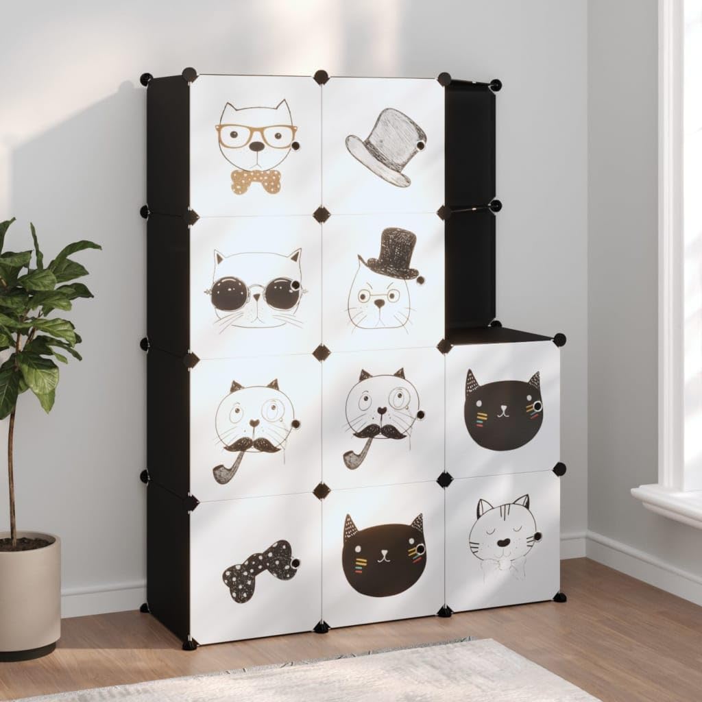 vidaXL Kinderschrank Modular mit 10 Würfeln, Regalsystem mit viel Stauraum, Würfelregal mit Stahlrahmen, Kinderregal Regal Aufbewahrungsschrank, Schwarz PP
