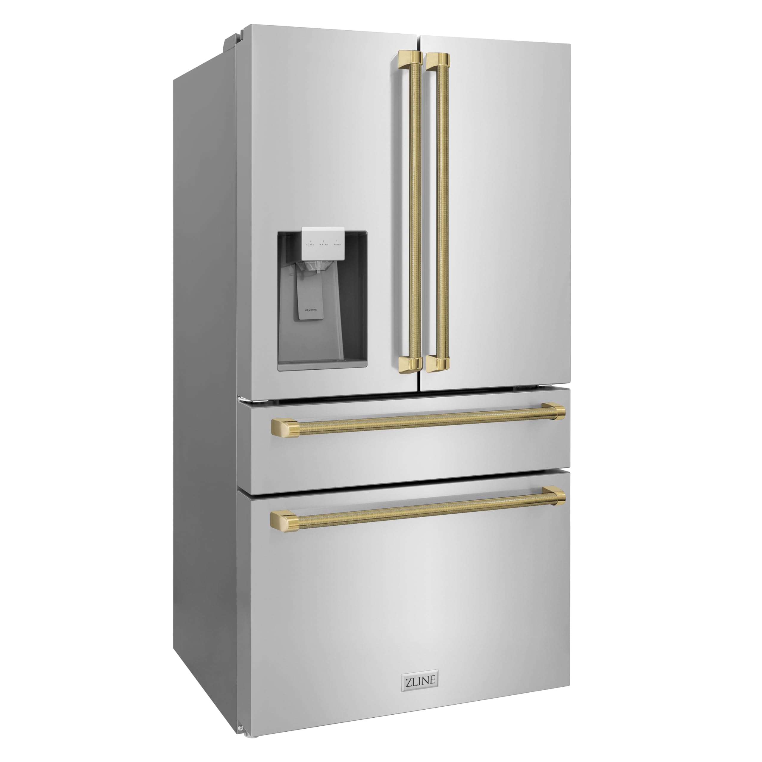 ZLINE Autograph Edition 36 in. 21.6 cu. ft. Counter-Depth French Door Refrigerator with Water and Ice Dispenser in Fingerprint-Resistant Stainless Steel with Polished Gold Helix Handles on Fridge.com