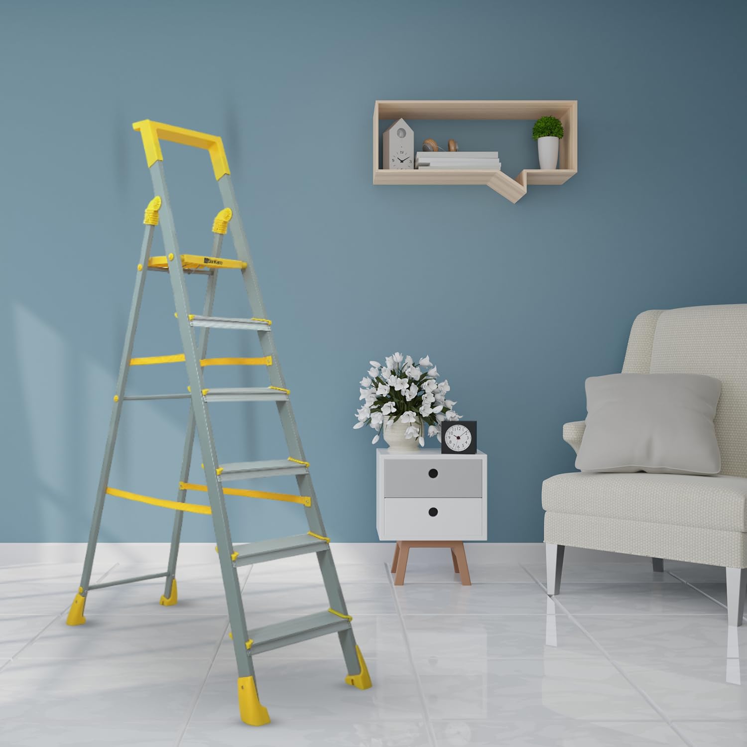 BonKaso Climb Lite Pro+ 6 Step - Foldable Ladder with Tool Tray (125W x 185H Cm)| Heavy-Duty, Anti-Slip & Firm Grip, Load Capacity Upto 120kg | Durable & Portable (Aluminium Steps, Yellow & Satin) — Amazon image 9