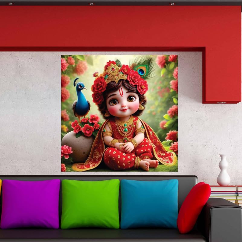 Image of British Terminal Cute little Bal Gopal Baby God Krishna| Kanha Ji | Laddu Lord Makhan Chor Painting Religious Poster for Pregnant Women for wall (matt thin vinyl,sticker,multicolor,unframed)| bj384