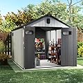 Domi 8×10ft Outdoor Resin Storage Shed - 482+ Cubic Ft Weatherproof Double-Wall Yard Shed with Skylight, Lockable Door and Carpet, Heavy-Duty Steel Frame Storage Building for Lawn Mower, Bike, Tools