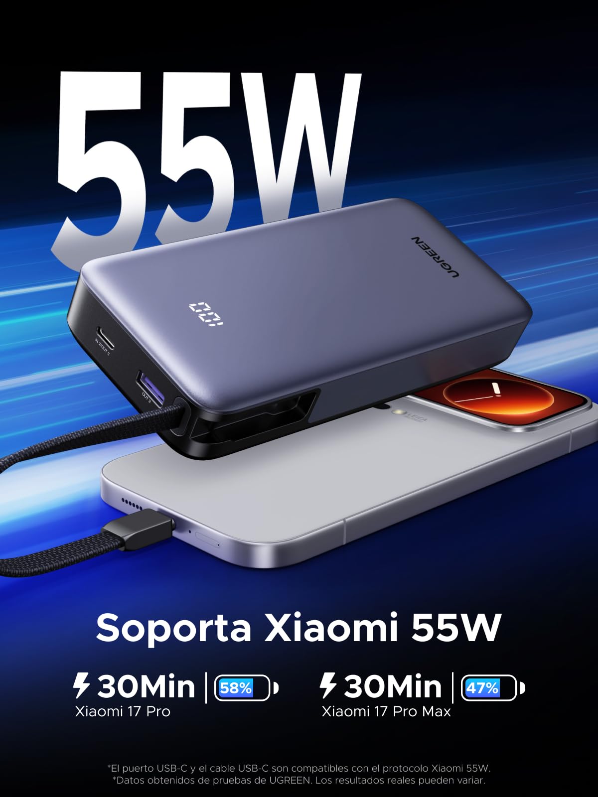 UGREEN Nexode 55W Power Bank 20000mAh CCC Batería Externa Carga Rápida Cable USB C Integrado PD 45W Cargador Portátil PC LED Compatible con Xiaomi Note 15 14 13 Poco M8 M7 iPhone 17 16 Galaxy S26 S25