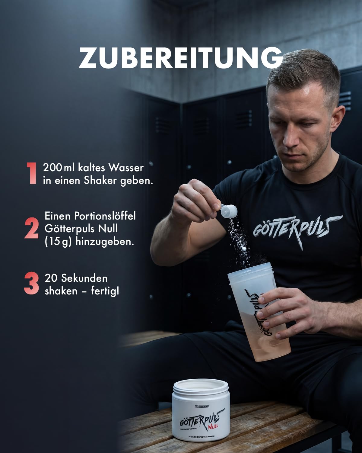 Götterpuls NULL Pre Workout (koffeinfrei) 300g Pulver Pfirsich-Eistee | Mit L-Citrullin, AAKG, L-Tyrosin & Beta-Alanin – Für Kraftsportler – Vegan – Ideal für abends – 20 Portionen