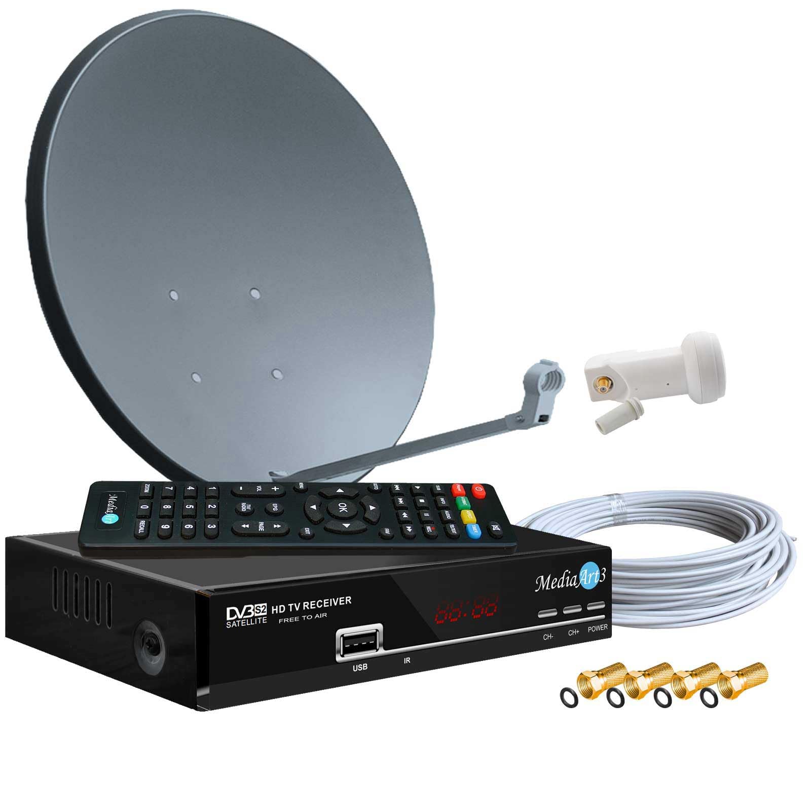 Digitale Satanlage Komplettset 60cm Sat-Schüssel Spiegel Antrazit HDTV Sat-Receiver 2X USB LNB 0,1dB Kabel Sat Anlage 1 Teilnehmer Full HD Astra 19°E Deutsch F-Steckern