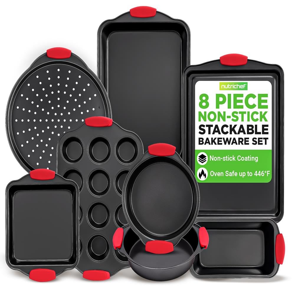 NutriChef Set da 8 pezzi: teglia da forno, stampo per pane, muffin, teglia per pizza, antiaderente e lavabile in lavastoviglie, impilabile, resistente al calore e per alimenti