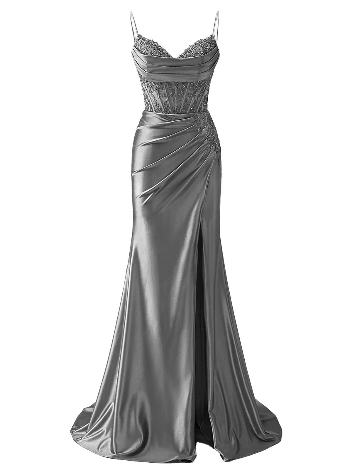 HPPEE Grey Prom Dresses for Women with Slit Lace Applique Satin Formal Party Gown V Neck Corset Evening Dress UK12