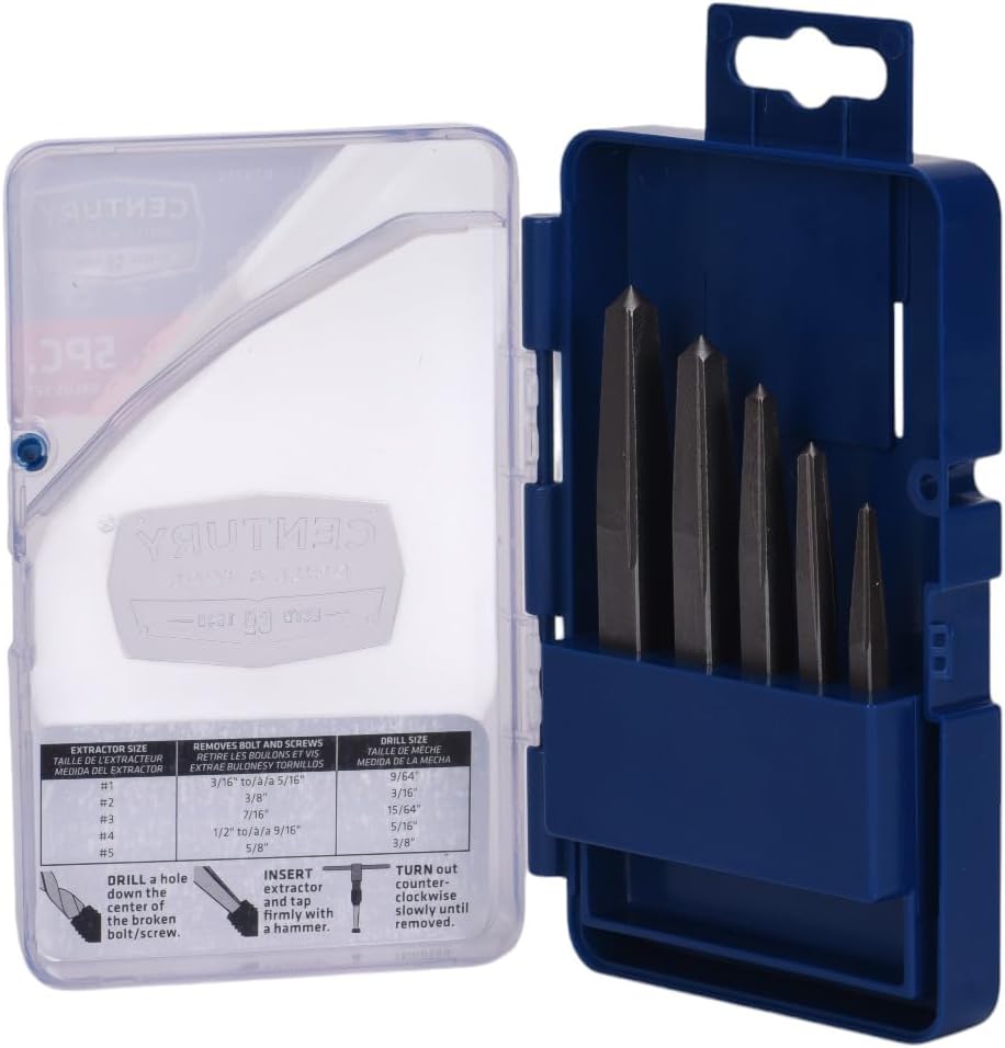 Century Drill & Tool 73215 5-Piece Square Flute Screw Extractor Set, #1 - #5, for Extracting Broken Screws and Bolts Without Damaging Threads