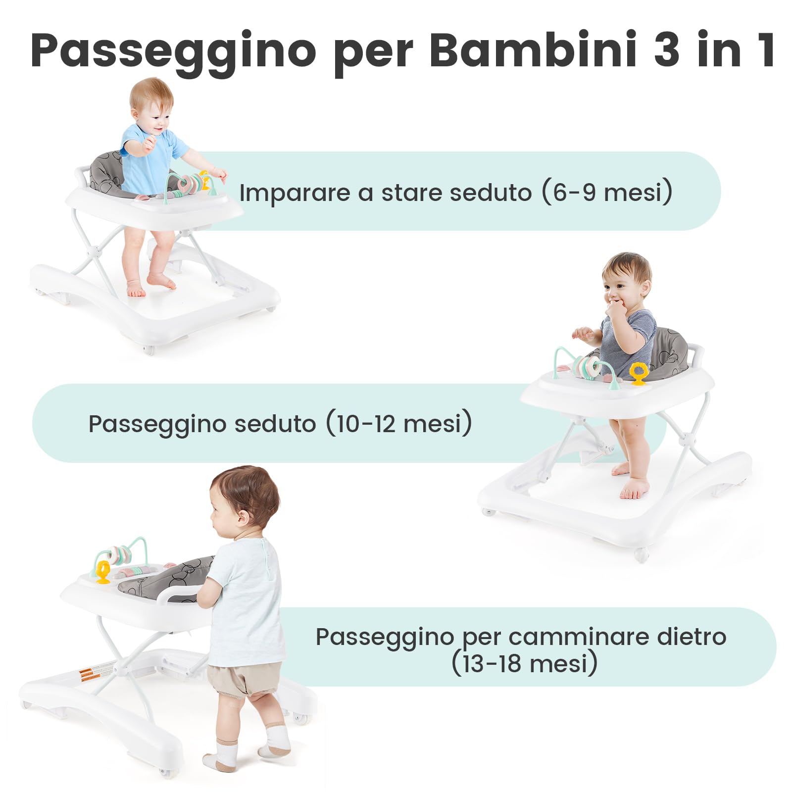 RELAX4LIFE Girello Pieghevole per Bambini, con 3 Altezze Regolabili, Piastra Giocattolo Rimovibile, Cuscino Morbido, Ruote Lisce, Anti-ribaltamento (GRIGIO)