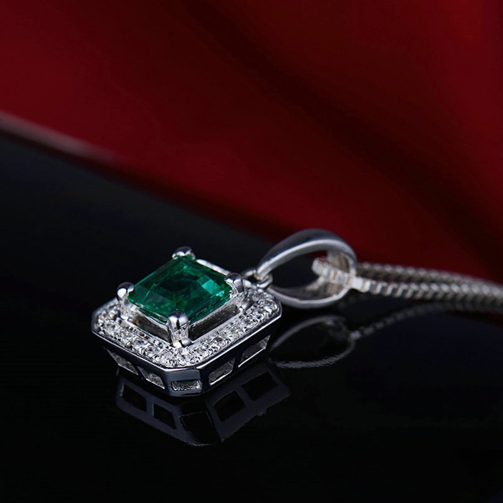 Echtgold Kette mit Anhänger, Halskette Anhänger Gold 14 Karat Quadrat Form mit Diamant und Smaragd 0.52ct Halskette