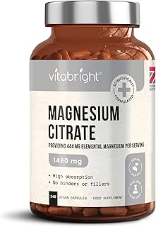 Magnesium Citrate - 1480mg High Strength - 240 Capsules (4 Month Supply) - Vegan Premium Magnesium Capsules - Providing 444mg Elemental Magnesium Supplement - Made in UK by VitaBright