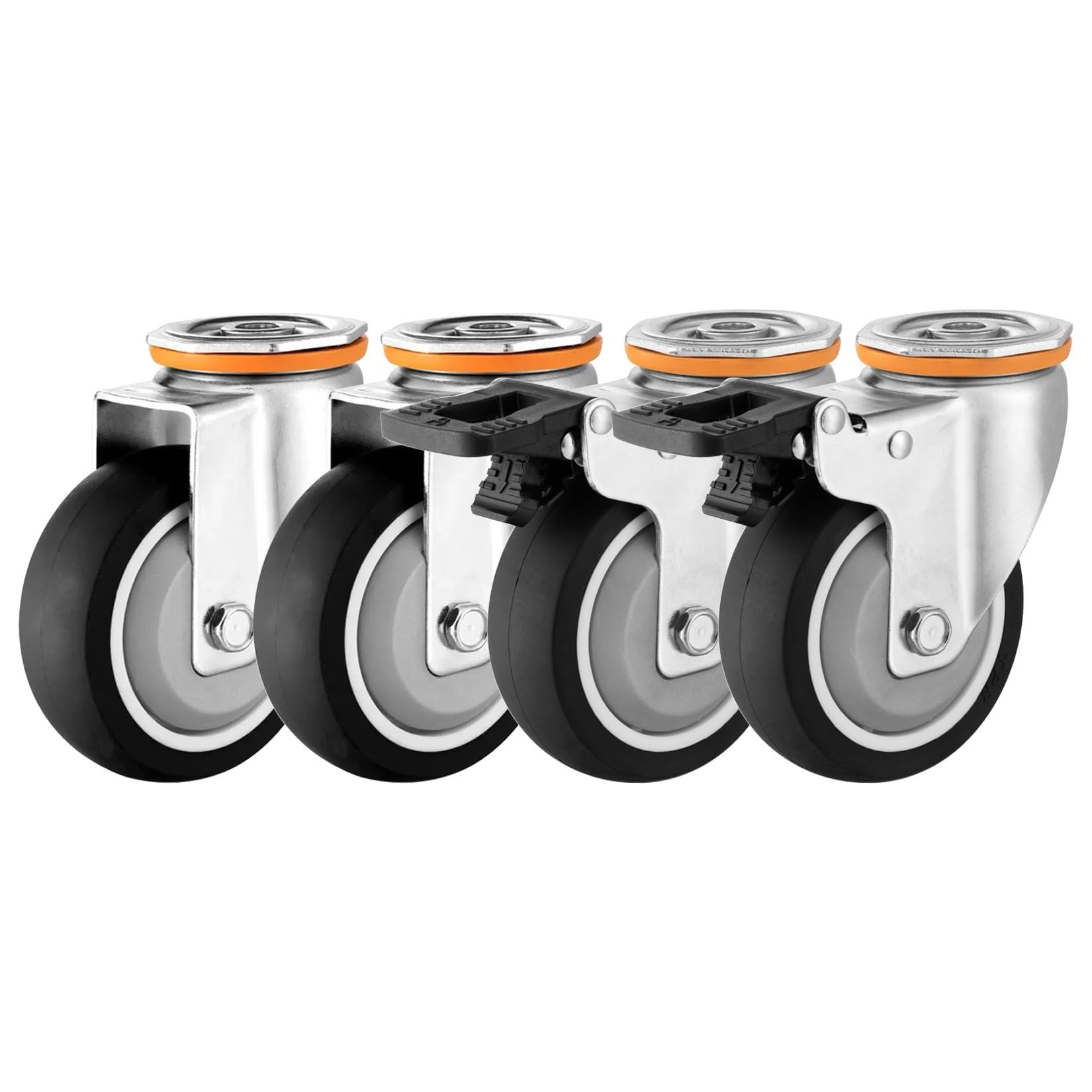 ZGUOUZANTYE Heavy Duty Thermoplastic Rubber Wheel 4 Pack Silent TPR Swivel Castors With Brakes For M12 Bolts Top Hole Type(Swivel+Brake,75mm/3in)