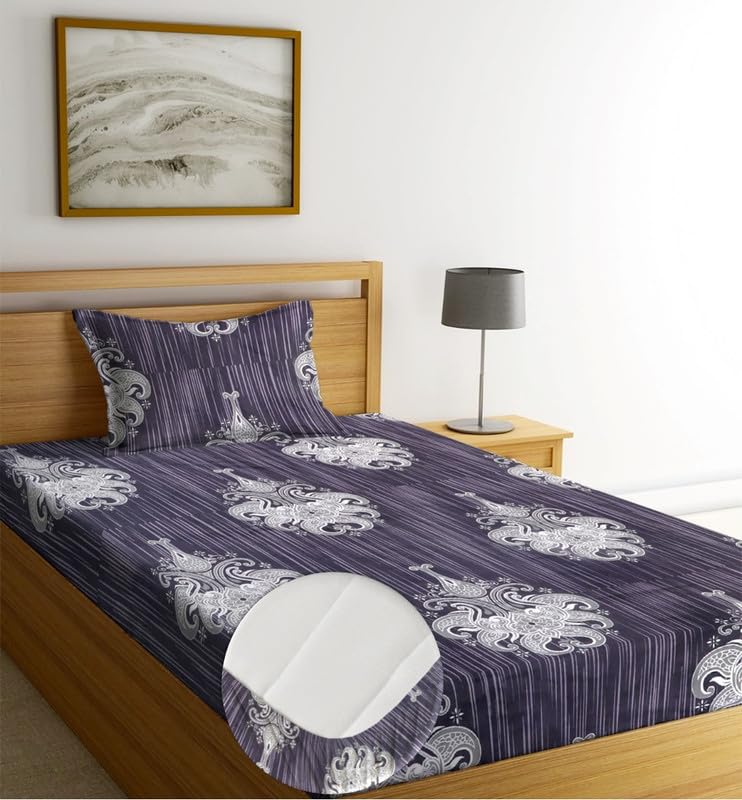 Image of NEW LEAF Pure Cotton Floral All Round Elastic Fitted Bedsheets With 1 Pillow Cover Single Mattress Bed Breathable Longlasting Supersoft Size 36 X 72 + 6 Inches (Color -Black White) 220 TC Smallsingle