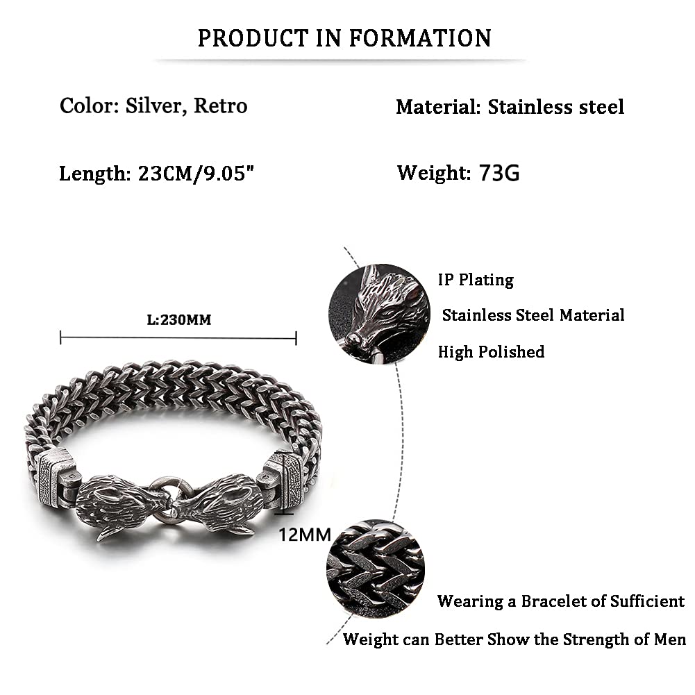 YCTTKDD Armreif aus Sterlingsilber, Retro-Armband, Amulett-Armbänder für Herren und Damen, Vintage-Wikinger-Armreif, Wolfsmythologie, heidnischer Talisman-Armreif, handgefertigte gotische geflochtene