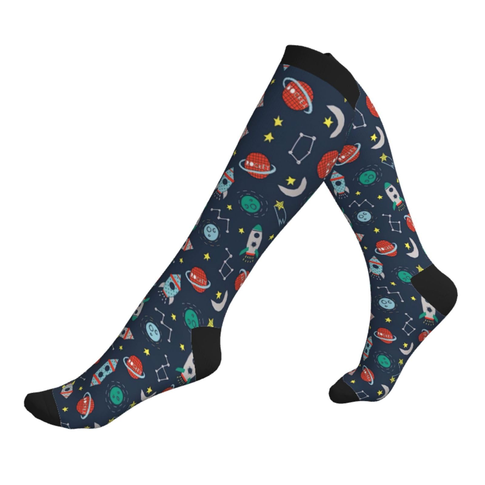 Konsev Unisex 3 Black Rocket Clipart Space Ship Compression Socks Men Women, Compression Stocking Nurse Socks For Edema Travel Pregnancy