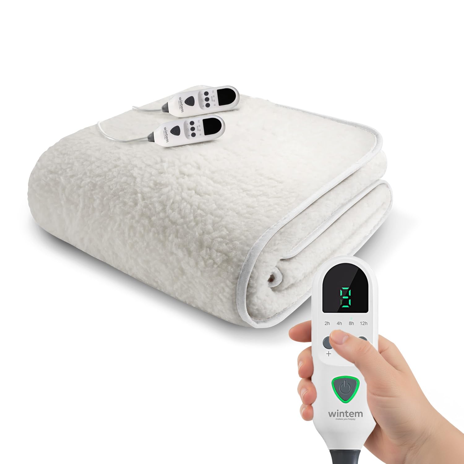 Wintem - Coperta Matrimoniale Elettrica Wooly+ in Lana Sintetica 2x60W con 9 Livelli di Riscaldamento e Calore Regolabile - Controllo Facile con Telecomando - Ideale per Letto Matrimoniale - 160X140