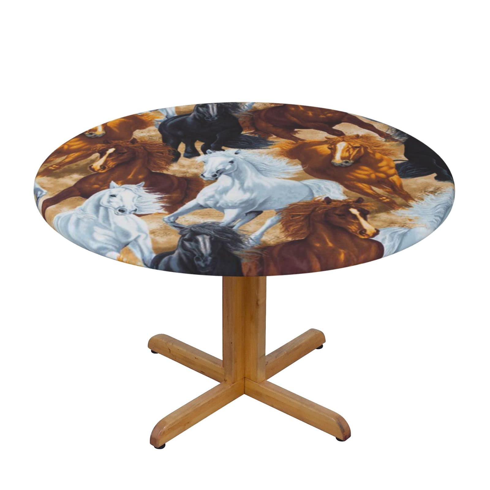 Lsjuee Round Fitted Tablecloth 45-50in Elastic Edged Table Cloth for Kitchen Dining Party Home Decor - Horse Wild Animal Color