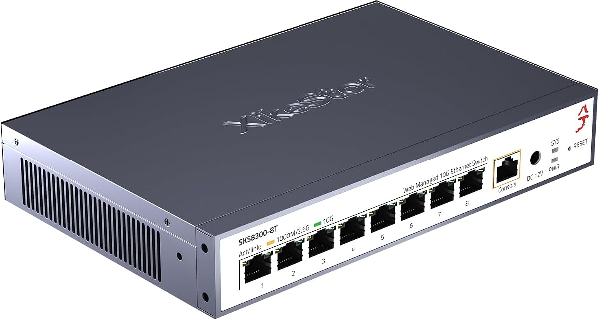 Conmutador Ethernet de 8 puertos y 10 Gbe, nivel empresarial RJ45 administrado L3 | QoS, ACL, seguridad de puertos, conmutador de oficina compatible con Jumbo Frame con ancho de banda de plano posterior de 160 Gbps, Plug & Play, montaje en escritorio/pared