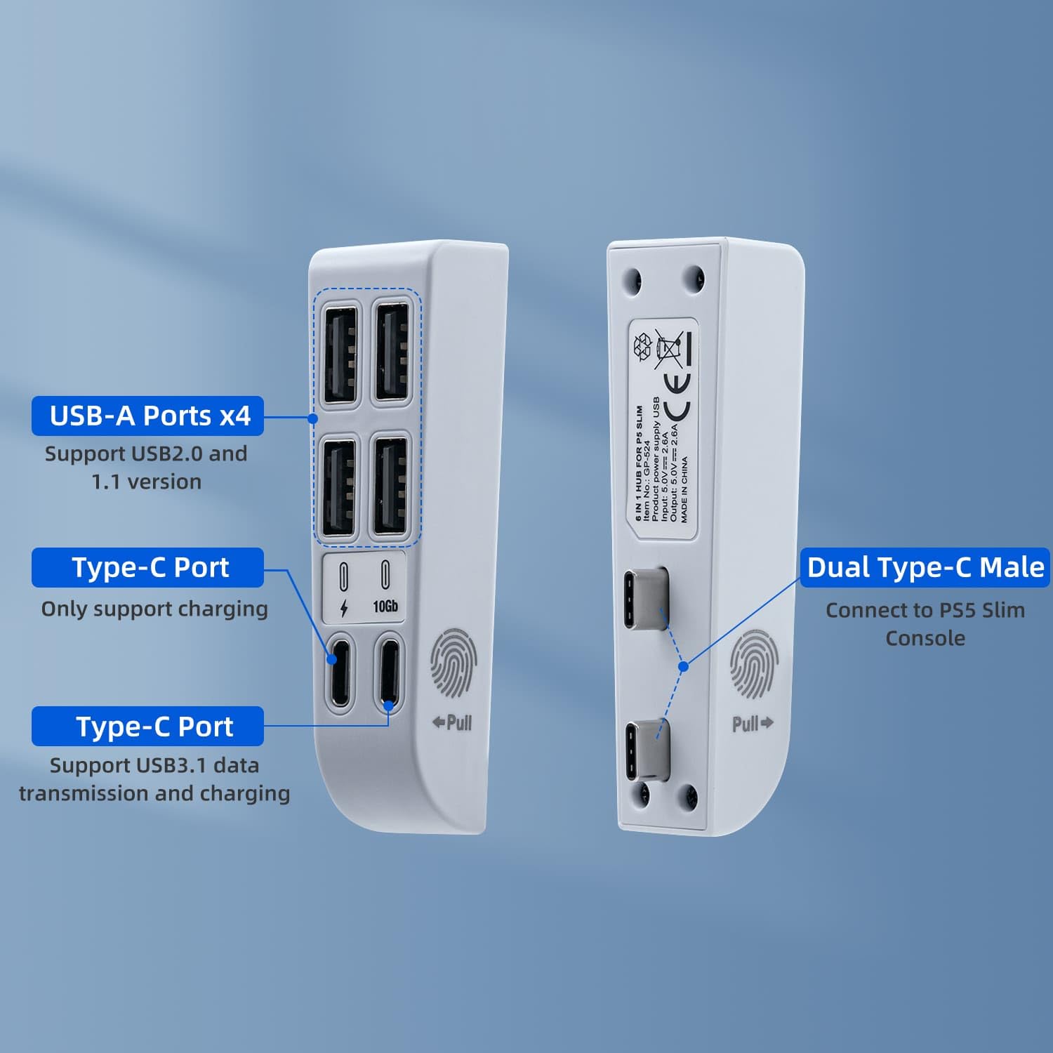 Hub USB 6 en 1 pour PS5 Slim Disc/Digital - Extension de Port USB, Adaptateur de Charge pour Manette, Type-C 3.1 + 4 USB-A 2.0 - Blanc