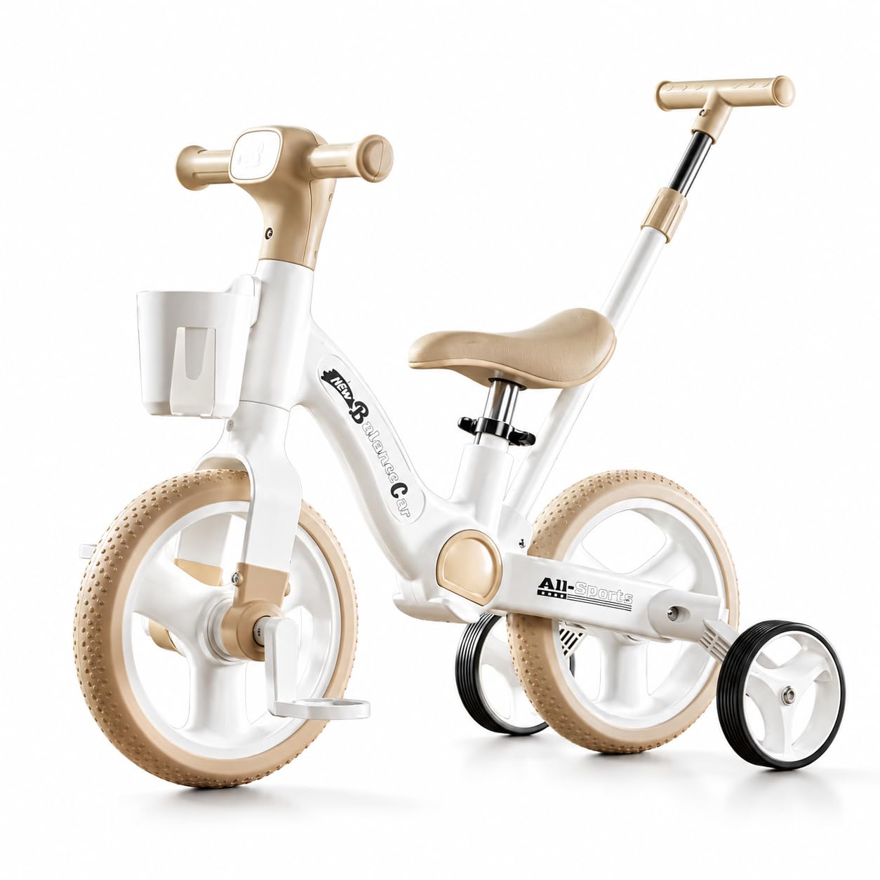 4-in-1 Kids Tricycle & Balance Bike with Parent Push Handle | Adjustable Seat & Handlebar | Training Wheels | Storage Cup | 12-36 Months | Max Load 30 kg (Brown)-picture-32