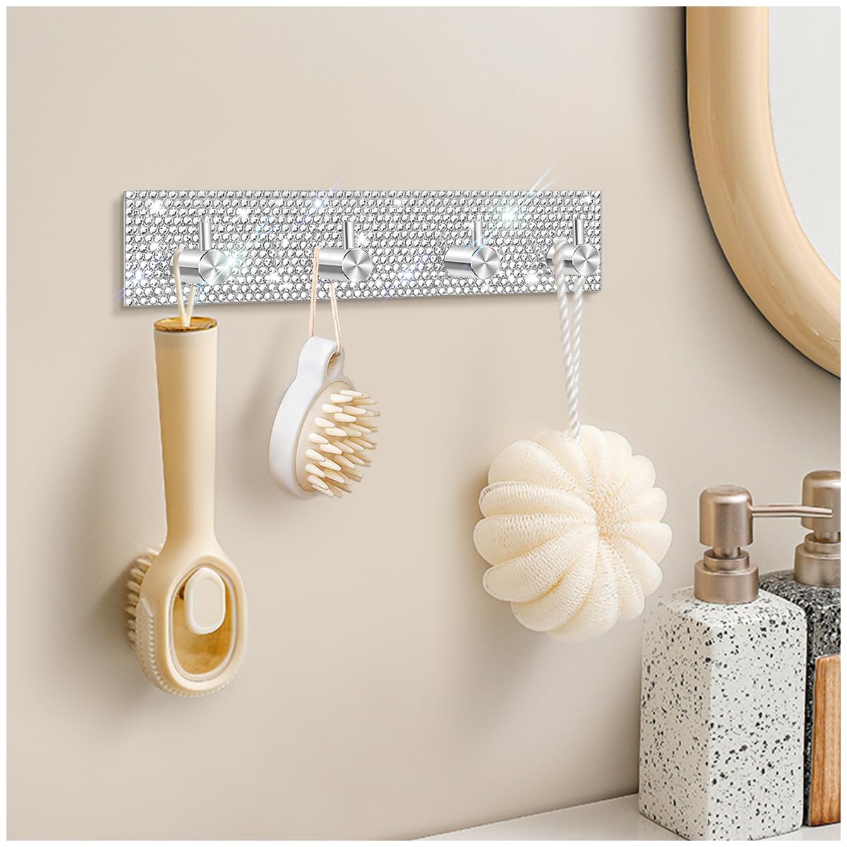 GUFONKOD Bling Key Holder for Wall Decorative, Adhesive Stainless Steel Key Hooks Sparkle,Glitter Key Hanger Key Organizer for Wall, Towel Hook for Entryway Hallway(Four Rows,Silver)