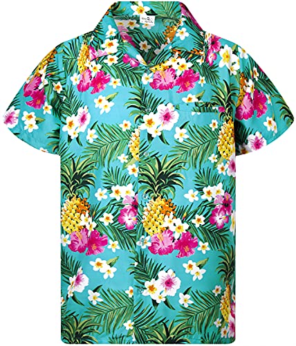 King Kameha - Camisa hawaiana de manga corta para hombre, llamativa y casual, con botones, estampado de flores y piñas, unisex, Flores de Piña Turquesa, X-Small
