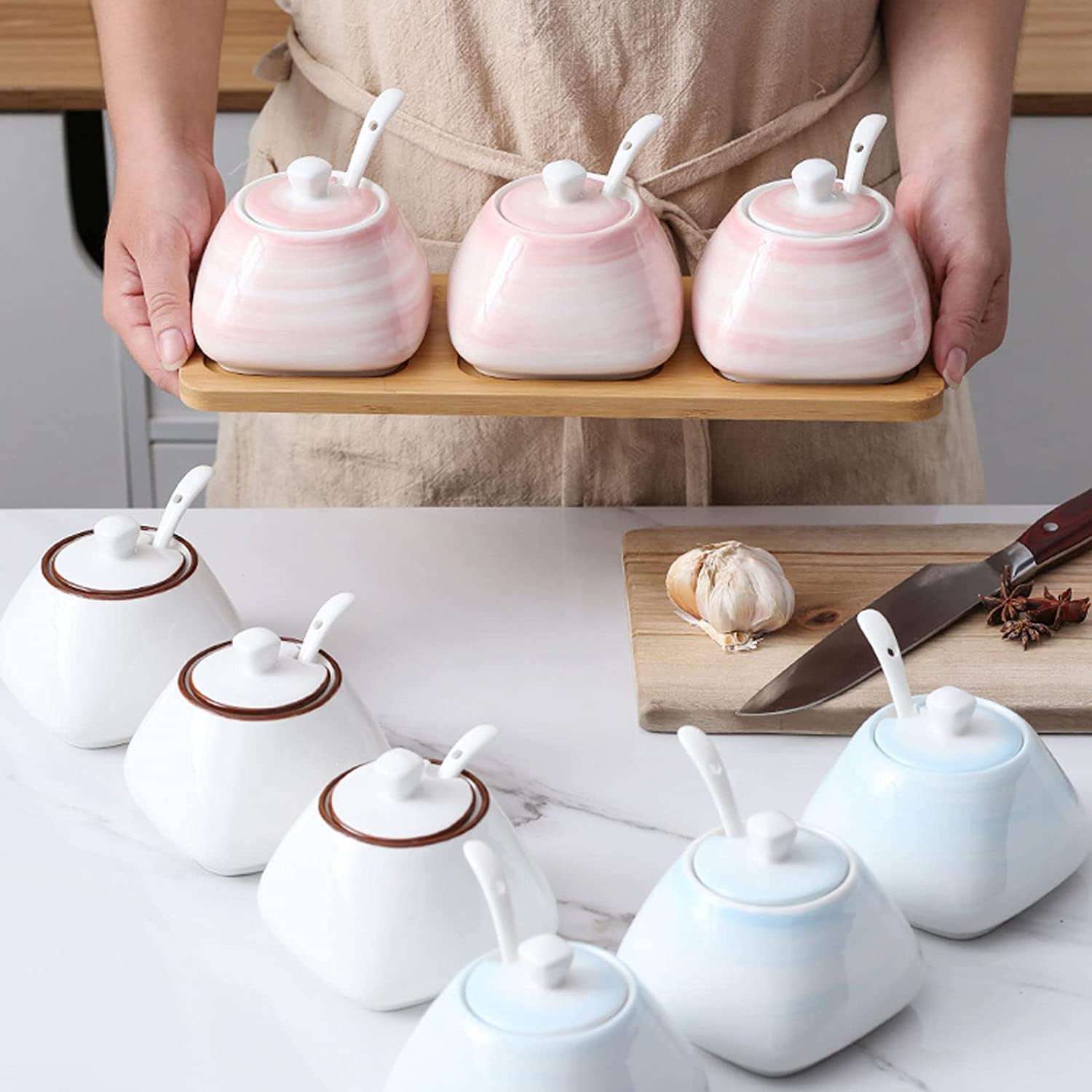Azucarero de cerámica, jarra for crema, azucarero de cerámica colorido con tapa, azucarero de porcelana con cuchara, salero pequeño, tarro de almacenamiento, for cafetería, restaurante, azul, individu