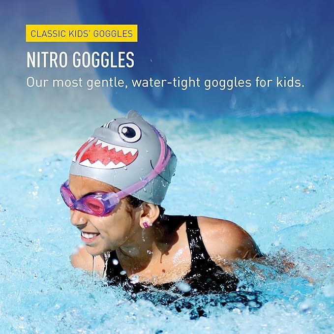 FINIS Nitro Kids Swim Goggles - Ages 5-10 - Soft One-Piece Frame - UV Protection - Adjustable Split Strap - Clear/Purple