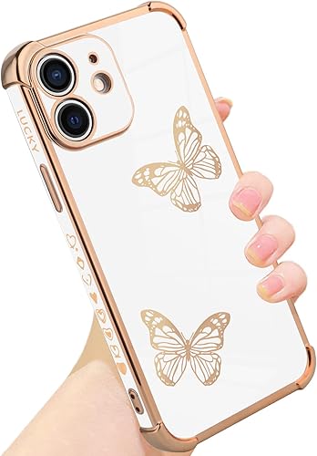 OOK Funda compatible con iPhone 12, funda de lujo con borde chapado en el borde y protección completa de la lente de la cámara, funda de teléfono