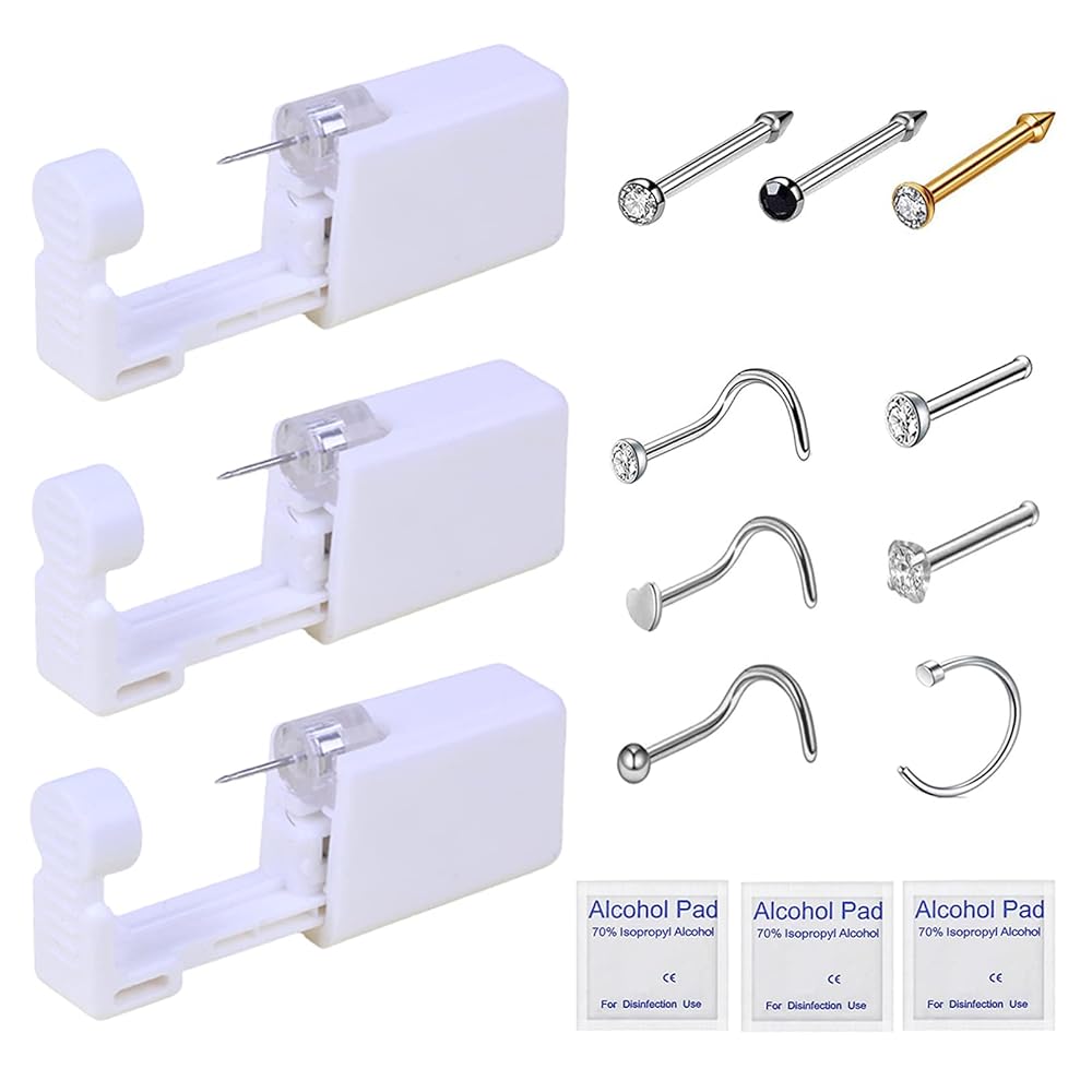 HYJLPAF Nose Piercing Kit - 3 Pack Self Piercing Gun, Disposable Safety Kit with Nose Rings and Studs
