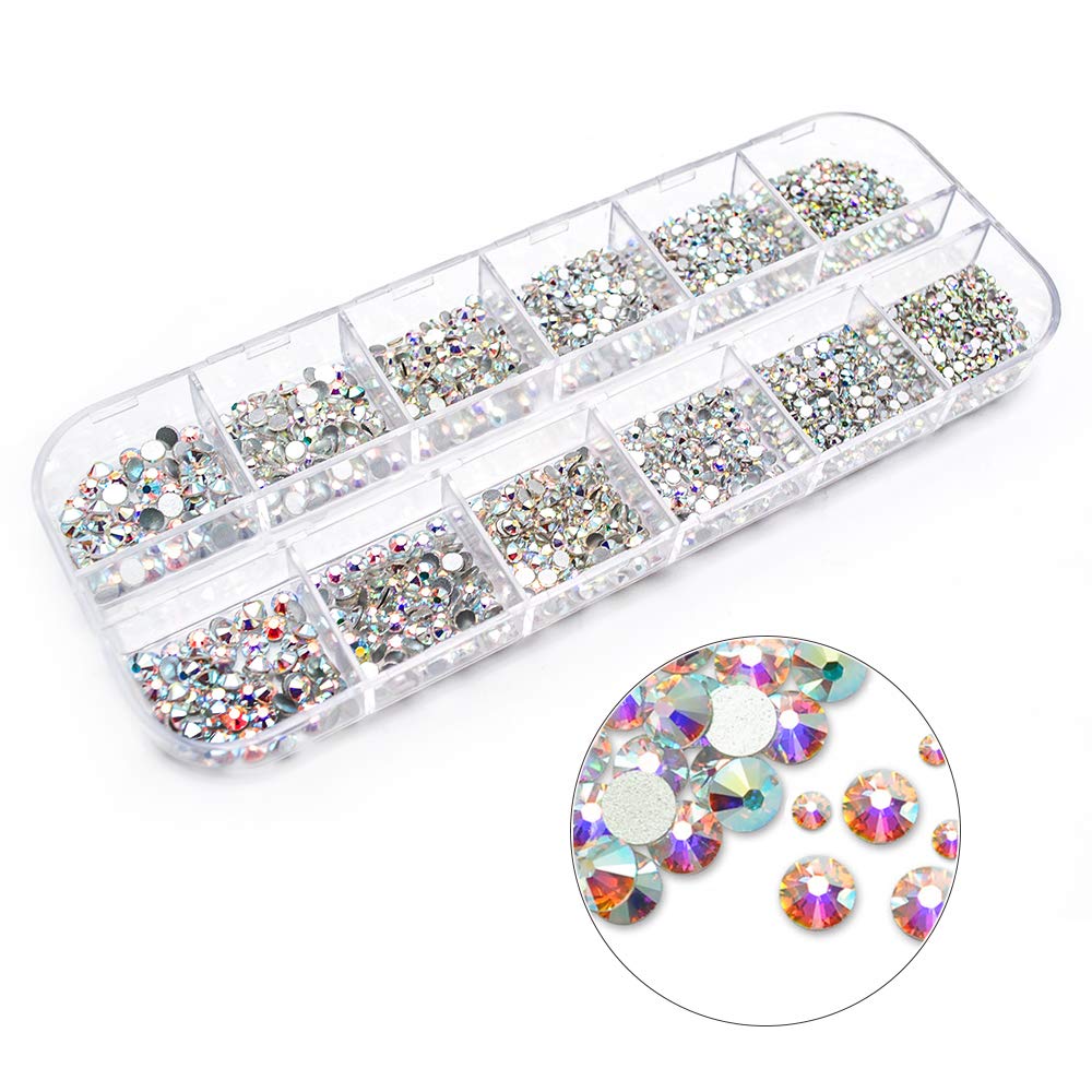 2320 Pieces Crystals Glass AB Nail Art Rhinestones, SS4/5/6/8/10/12 Mixed Nail Gems Stones, Flat Back Round Nail Diamonds with Storage Organizer Box/Picker Pencil/Tweezers for Face Clothes Shoes Decor : Beauty & Personal Care