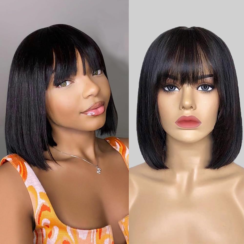 Bob Wig With Bangs Human Hair 180% Density Glueless Short Bob Wigs For Women Upgraded Machine Made Middle Part 3x1 Lace Wig (12inch, Bob With Bangs)