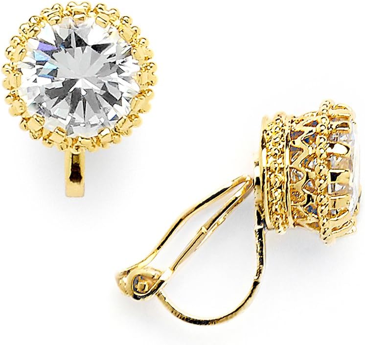 Mariell 14K Gold Plated Clip-On Cubic Zirconia Crystal Stud Earring, 2 Cwt., for Wedding, Brides, Birthday Gift