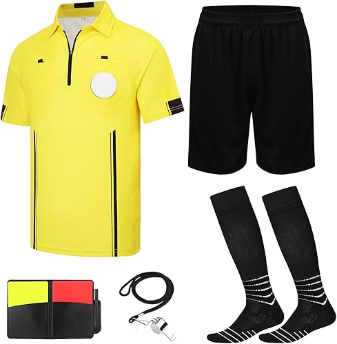 VKT Kit de árbitro de fútbol, camiseta de árbitro de fútbol, pantalones cortos, calcetines de referencia, silbato, tarjeta roja y amarilla para