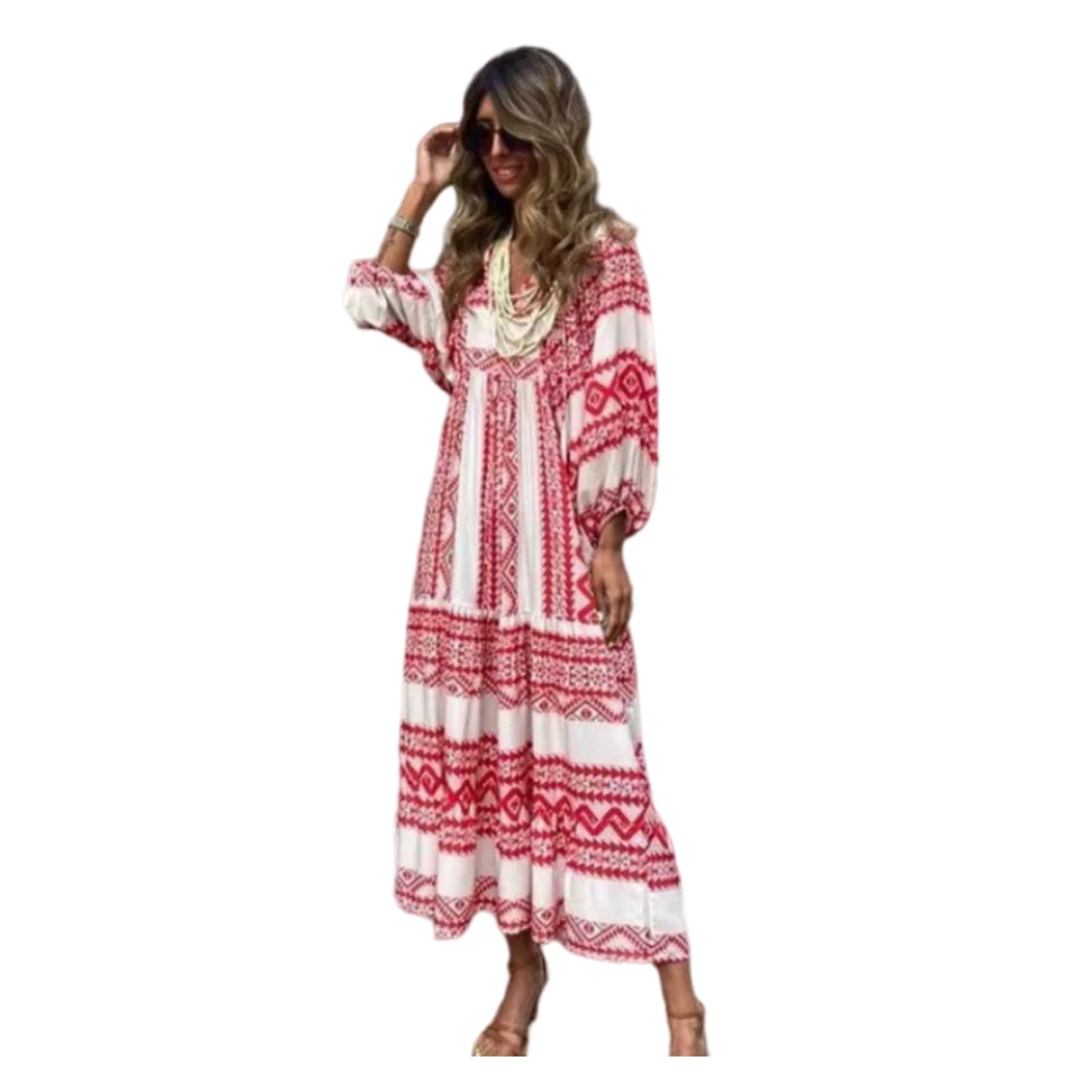 Vestido Largo de otoño de Escote en V con Mangas abullonadas y Multicolor Estampado(Cama-C,as4,Alpha,l,Regular,Regular)