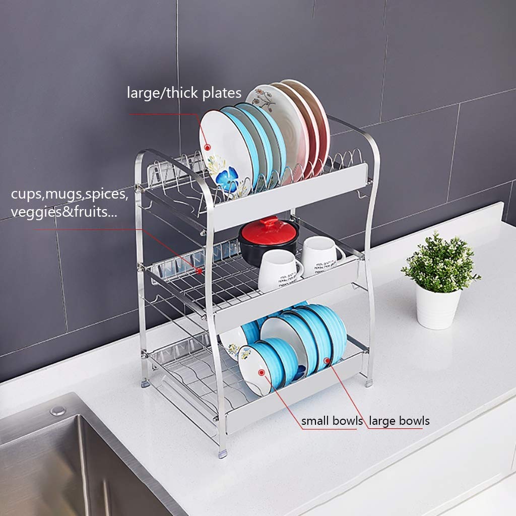 Escurridor de platos, 3 niveles con soporte para utensilios, soporte para tabla de cortar y escurridor de platos para encimera de cocina, estante de acero inoxidable plateado (tamaño: sin soporte