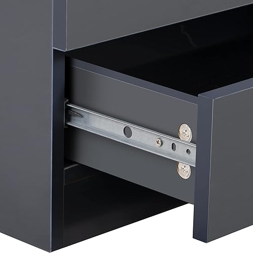 Miniatura 6 de Mesita de noche con luz LED y puertos de carga USB, mesa auxiliar de alto brillo con 2 cajones de almacenamiento, mesita de noche para dormitorio,