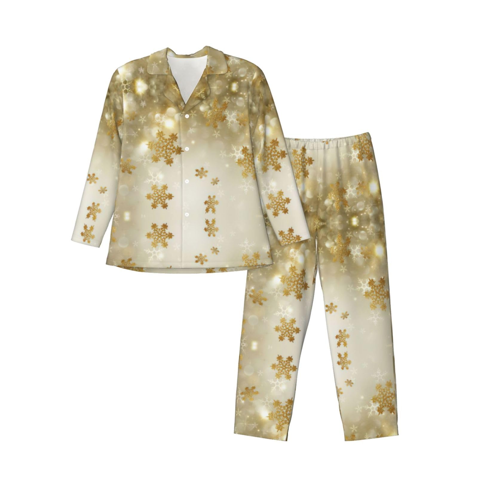 Weihnachtspyjama-Set für Herren, aus Seide, langärmelig, Hemd und Hose, 2-teilig, goldfarben