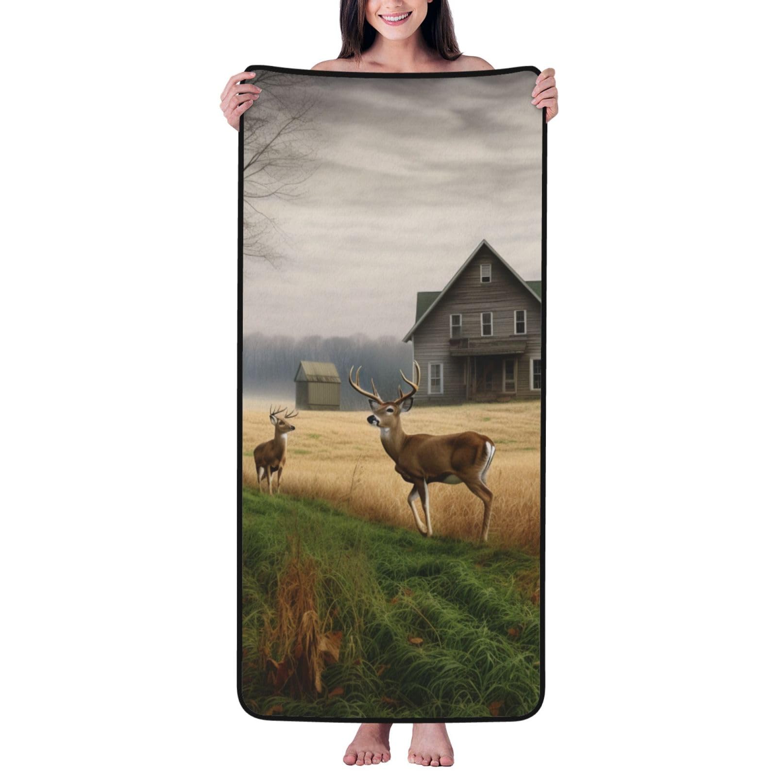 WPKJU Farm with Deer Printed Bath Towel with Black Edging - 27x55 in Soft Extra Absorbent Coral Velvet Shower Towels for Bathroom