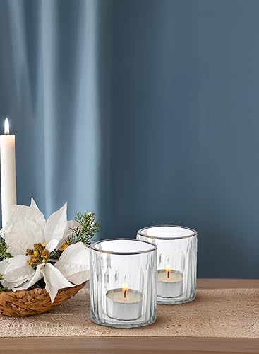 Miniatura 2 de Serene Spaces Living Juego de 4 soportes votivos de vidrio grabado a rayas con borde dorado, ideal para decoraciones de boda, fiestas, eventos, mide