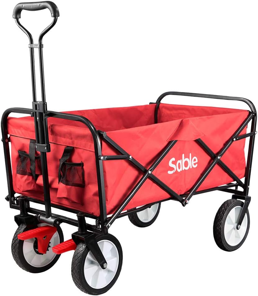 Sable Garden Cart Folding Wagon Foldable Heavy Duty Outdoor Trolley Utility Transport Cart 100kg Max Load, for Outdoor/Festivals/Camping, Red