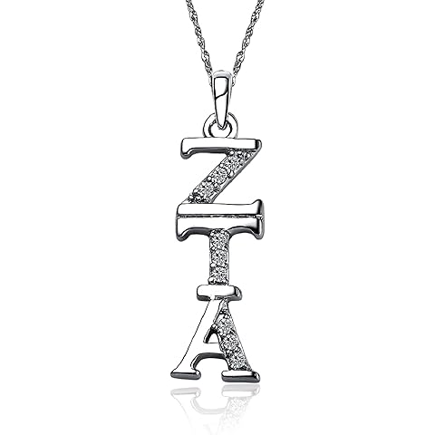King Greek – Zeta Tau Alpha Pendant Necklace – Beautiful Sterling Silver Pendant ZTA Merch Jewelry Piece – Vertically Stacked Greek Letters and Cubic Zirconia
