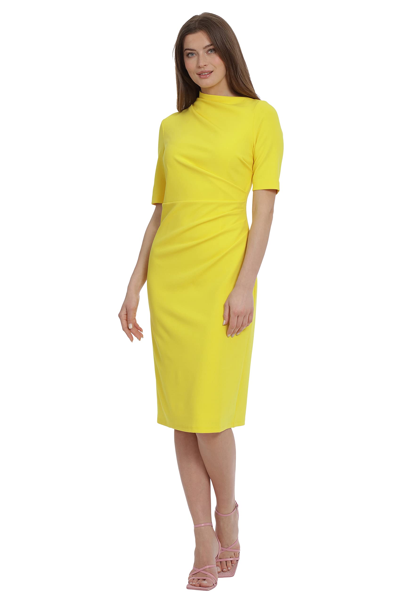 Maggy London Womens Side Pleat Dress with Asymmetric Neck and Elbow Sleeves