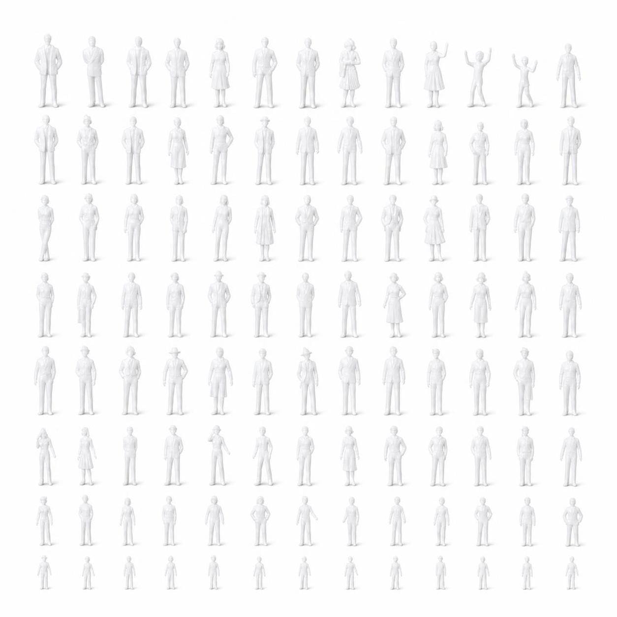 Nishiyuenyi Miniature Figures of People - Model Figures for Architectural Layouts and Diorama Projects - for Layouts, White, 1:200 (100 pieces, approx. 9mm high)