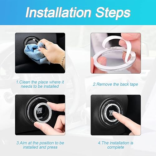 Miniatura 4 de Calcomanía de anillo de arranque de automóvil con diamantes de imitación, 1 de fila única y 1 de doble fila para el botón de arranque o ignición con