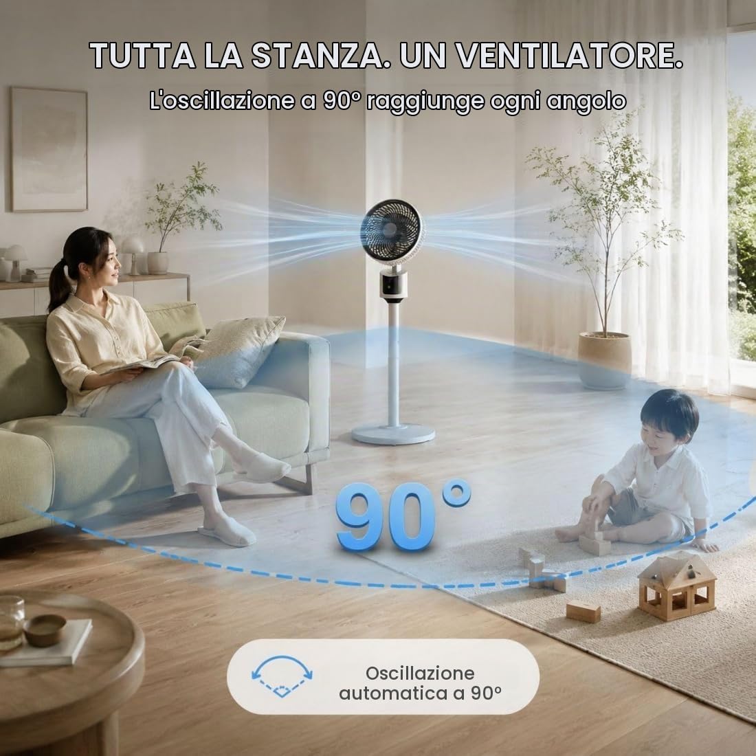 Pealeaf Ventilatore A Piantana Per Camera, Circolatore D’Aria Silenzioso, Oscillazione 90° Con Telecomando, 3 Velocità Altezza Regolabile (Black)