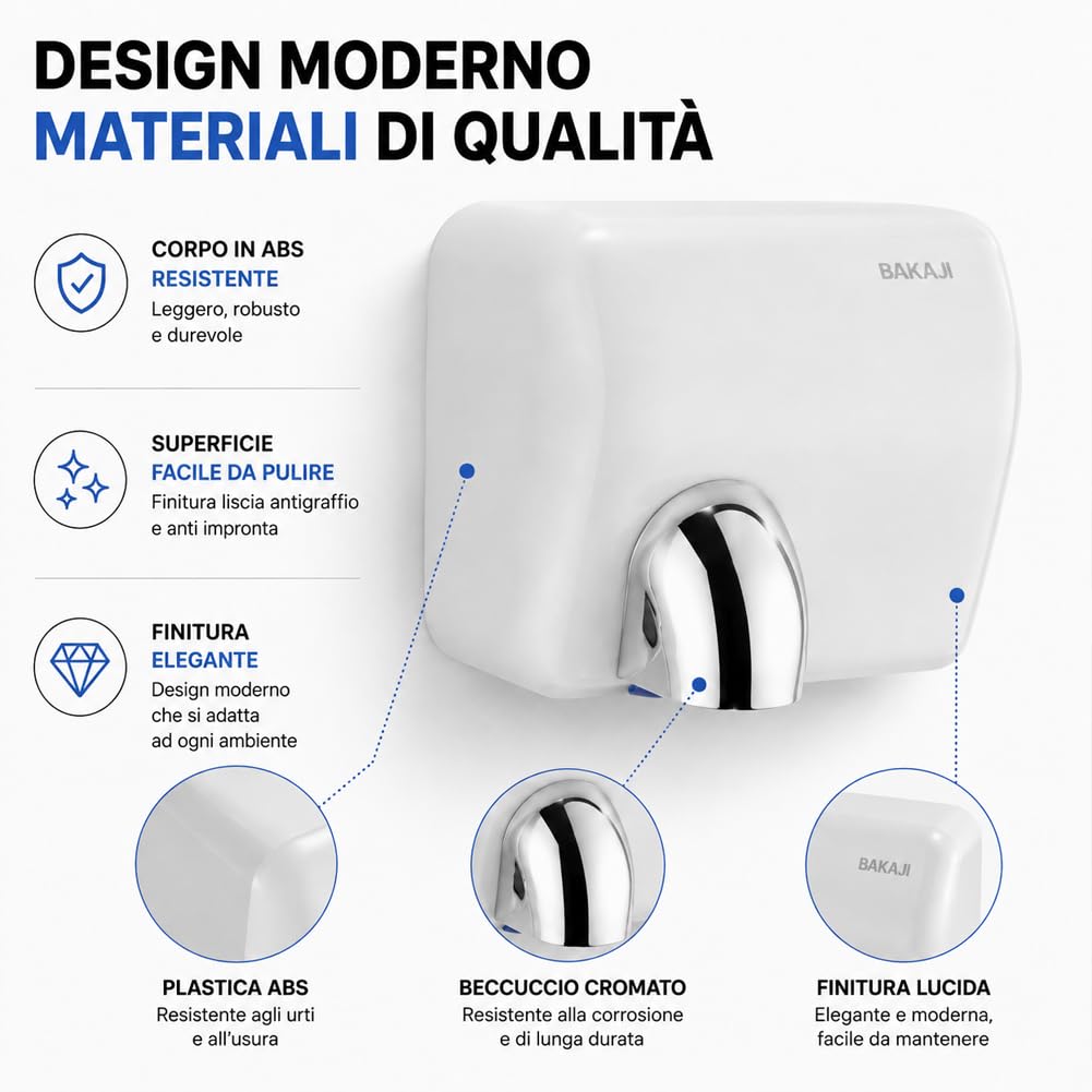 BAKAJI Secador de manos automático eléctrico de pared para hoteles, baños públicos, restaurantes, secador de manos de aire caliente de pared con sensor fotocélula, potencia 2300 W, secado a alta